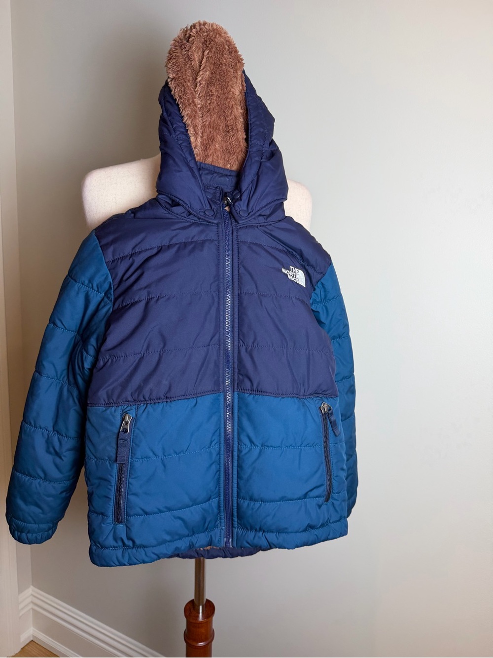 The North Face Kids Navy and Teal Two-Tone Puffer Jacket with Hood